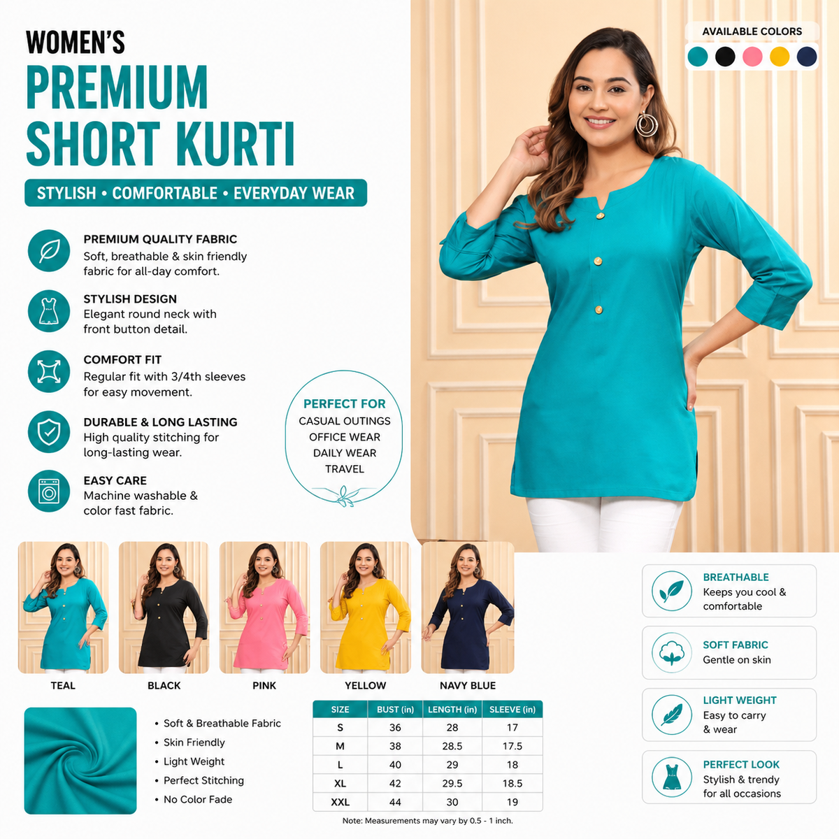 Women's Premium Solid Short Kurti | 3/4 Sleeve Casual Cotton Blend Tunic Top