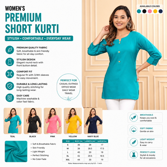 Women's Premium Solid Short Kurti | 3/4 Sleeve Casual Cotton Blend Tunic Top