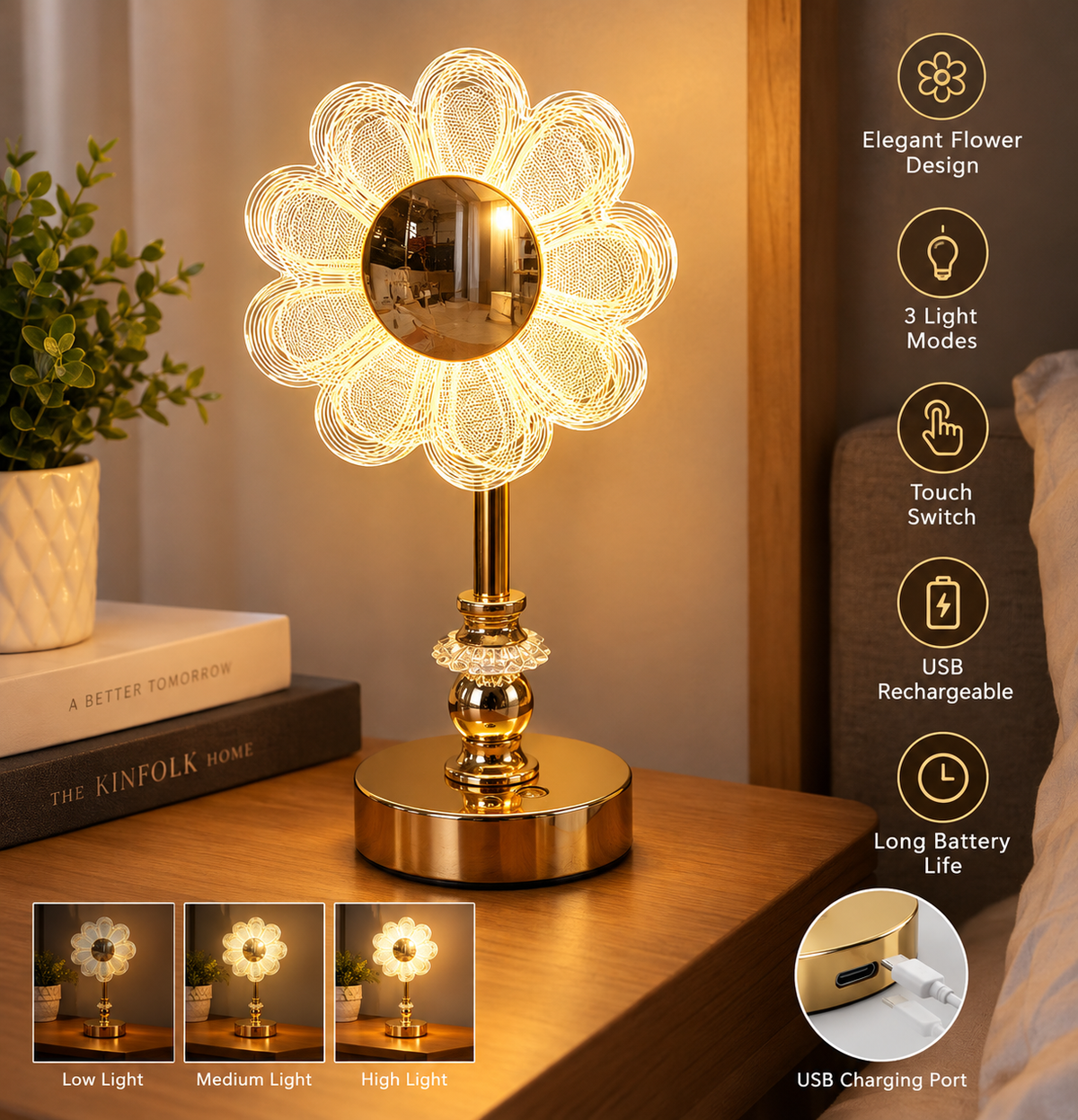 LED Crystal Flower Table Lamp | USB Rechargeable Touch Light