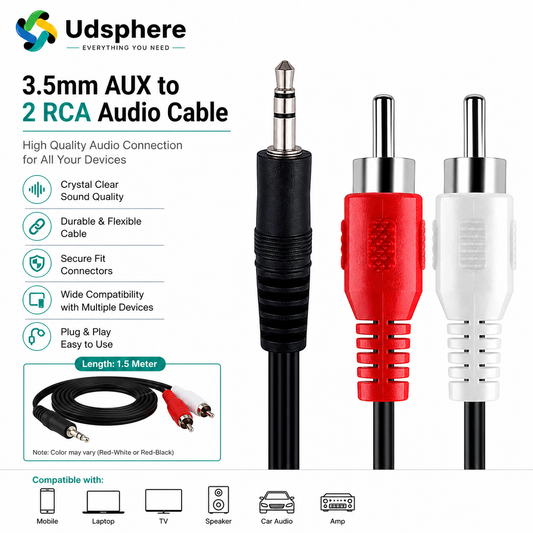 UDSPHERE 3.5mm AUX Male to 2 RCA Male Audio Cable | Stereo Audio Connector | Universal Compatible | 1.5 Meter