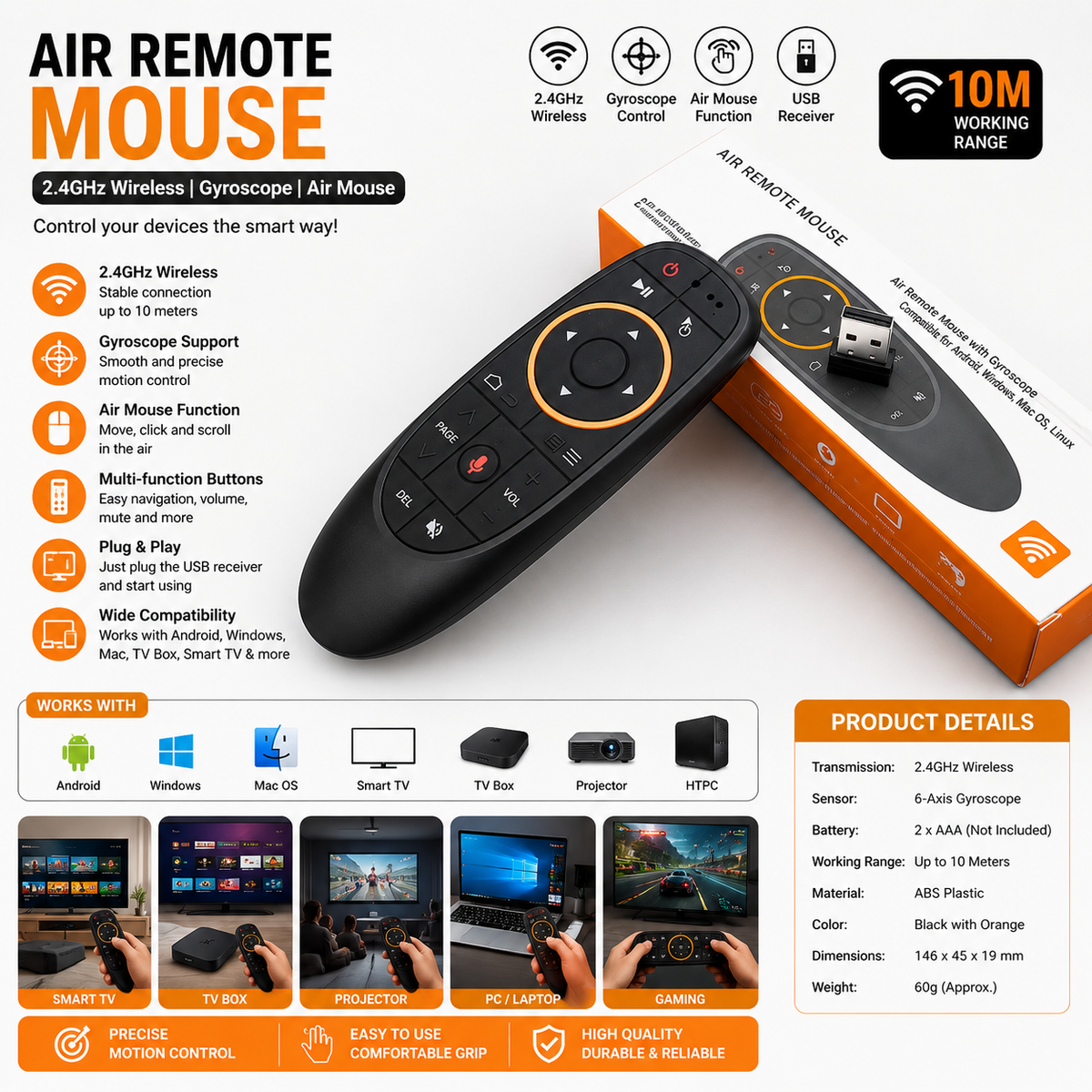 2.4GHz Wireless Air Mouse Remote with 6-Axis Gyroscope & Voice Control for Smart TV, Android TV Box, PC & Projector
