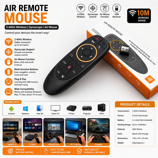 2.4GHz Wireless Air Mouse Remote with 6-Axis Gyroscope & Voice Control for Smart TV, Android TV Box, PC & Projector