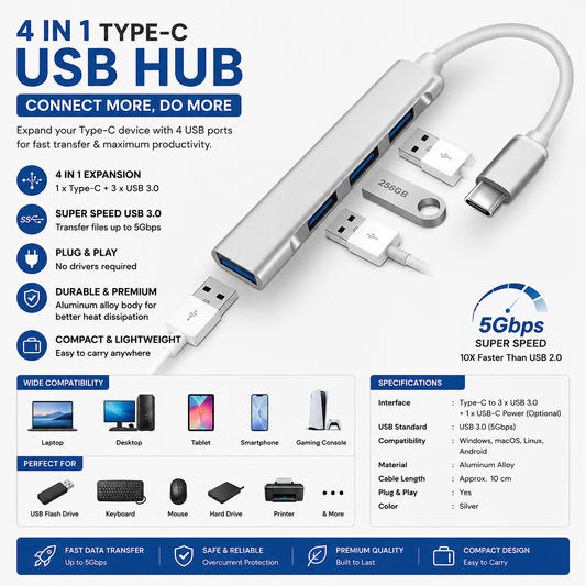 4-in-1 USB Type-C Hub with 3 USB 3.0 Ports | High-Speed OTG Adapter for Laptop, MacBook & Smartphones