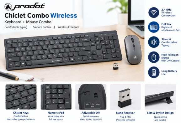 Prodot Chiclet Combo Wireless Keyboard & Mouse