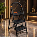 Premium Heavy Duty 3 Step Steel Folding Ladder with Safety Handle | Anti-Slip Wide Steps | Black