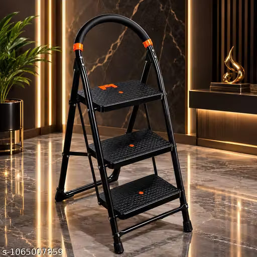 Premium Heavy Duty 3 Step Steel Folding Ladder with Safety Handle | Anti-Slip Wide Steps | Black