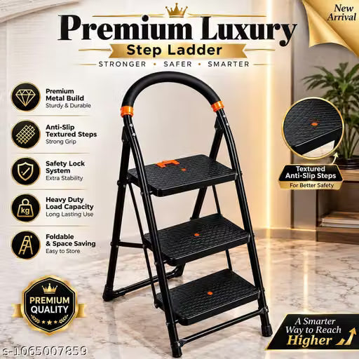 Premium Heavy Duty 3 Step Steel Folding Ladder with Safety Handle | Anti-Slip Wide Steps | Black